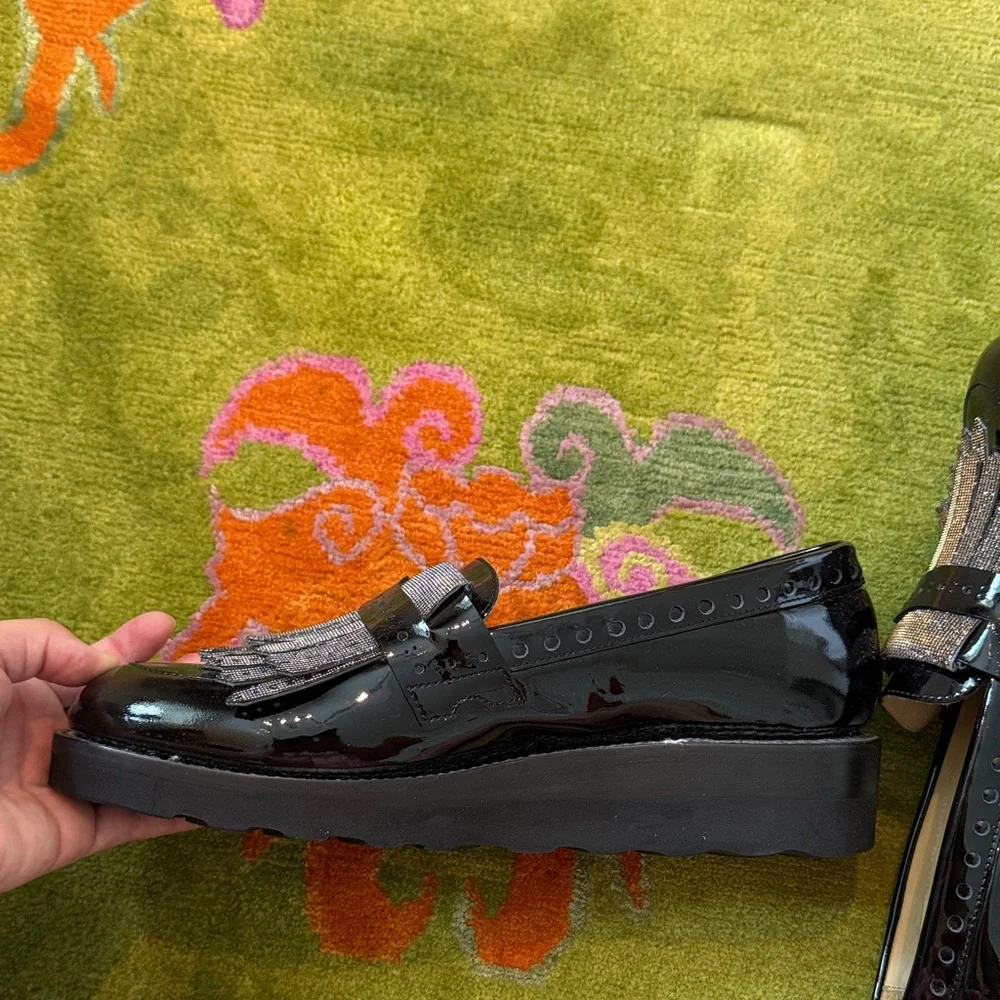 Black Patent Leather Loafers with Fringe Detail - Picture 4 of 4